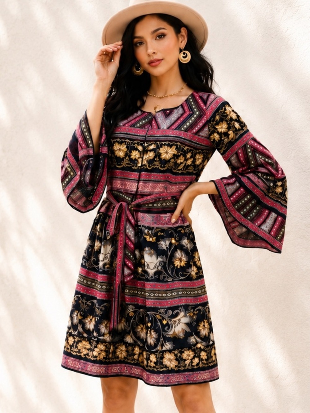 Red Black Dress Long Sleeve with Waist Tie M Size - Picture 1 of 4